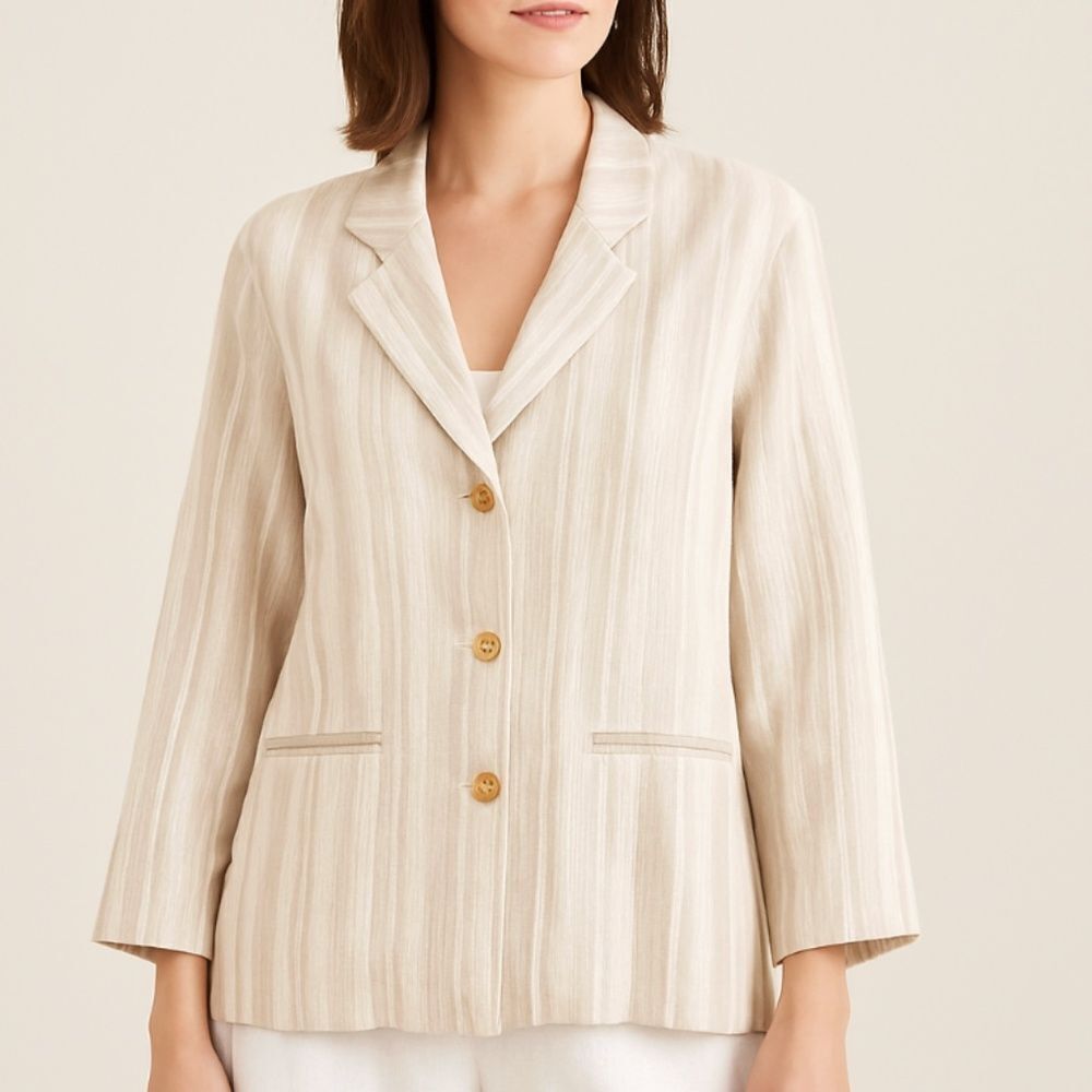 IC Collection 100% Linen Striped Blazer Jacket Beige Cream Large